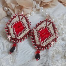 BO Romane embroidered with red glass seed beads, Bordeaux, Ivory and smooth petal drops Garnet